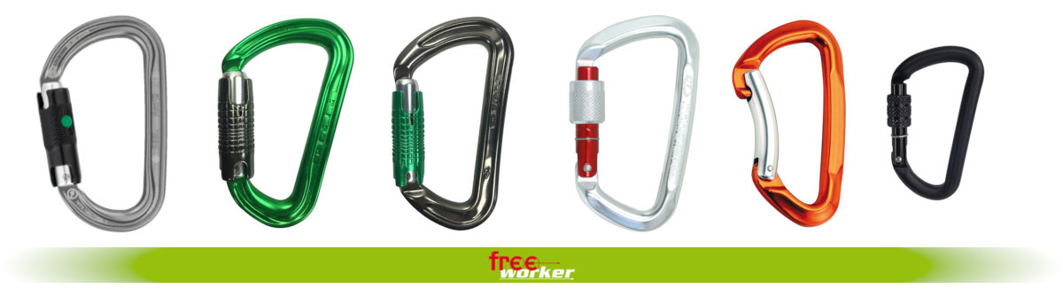 Diverse D-shaped carabiners in different colours and sizes