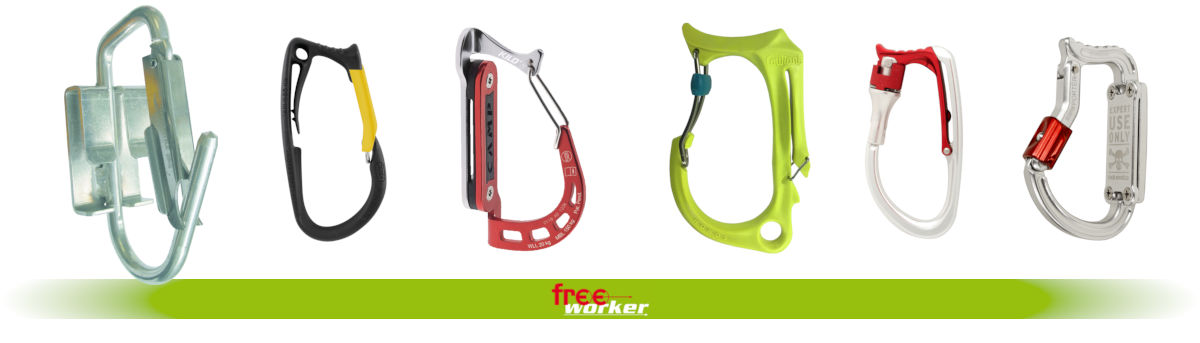 Diverse chainsaw hooks and accessory carabiners in different colours and sizes