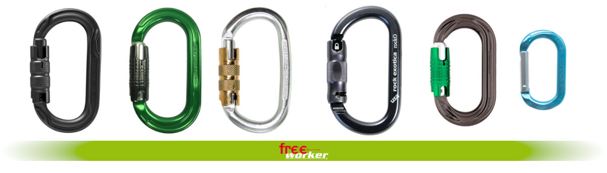 Diverse oval-shaped carabiners in different colours and sizes