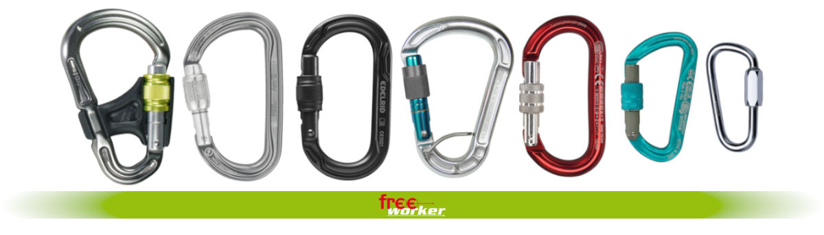 Diverse screw carabiners in different colours and sizes