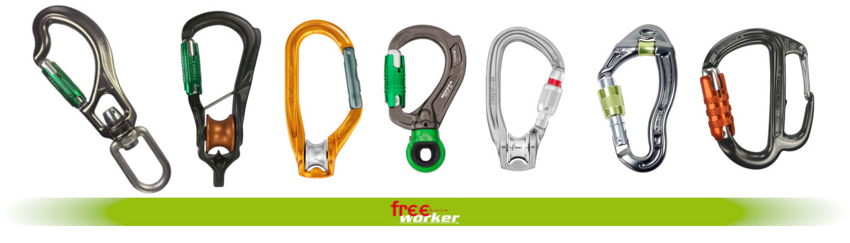 Diverse carabiners in different colours and sizes