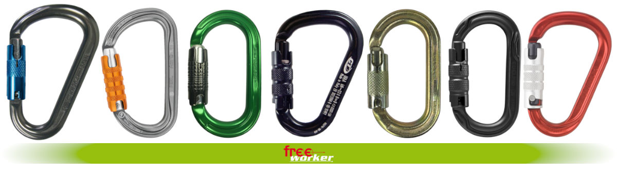 Diverse trilock carabiners in different colours and sizes
